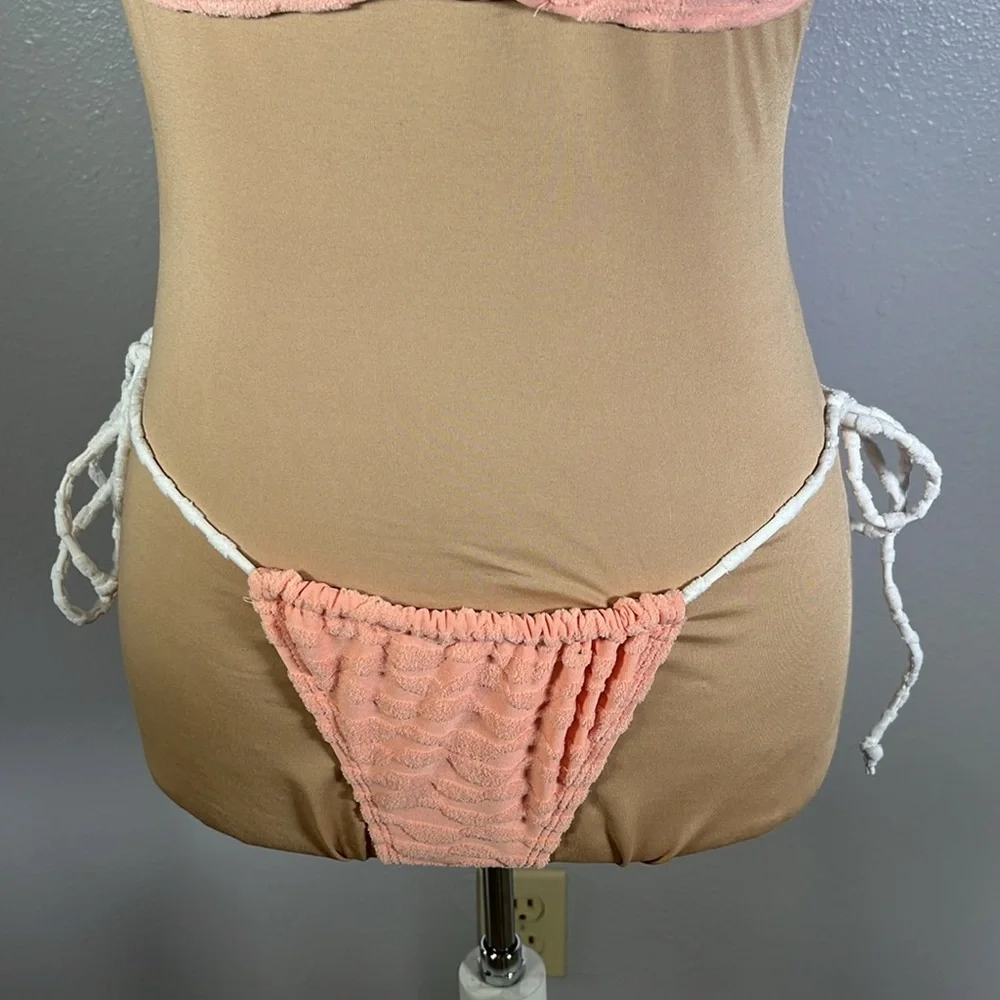 Peach terry cloth Y2K textured ring linked tie string beach vacation bikini sz S